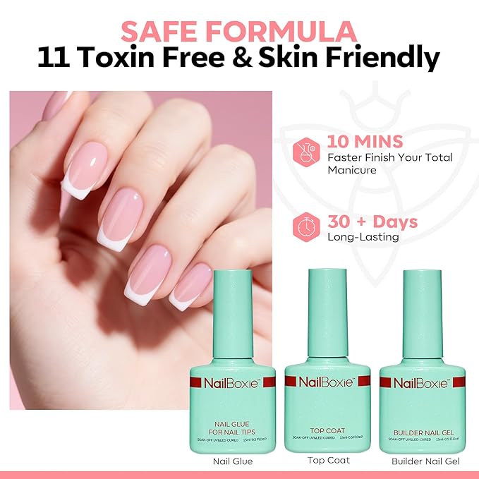 Modelones Gel Nail Kit, Top Coat Nail Glue for Nail Tips Builder Nail Gel 160 PCS Short Brown Square French Tip Press on Nails with LED Light for Easy DIY Nail Art Kit