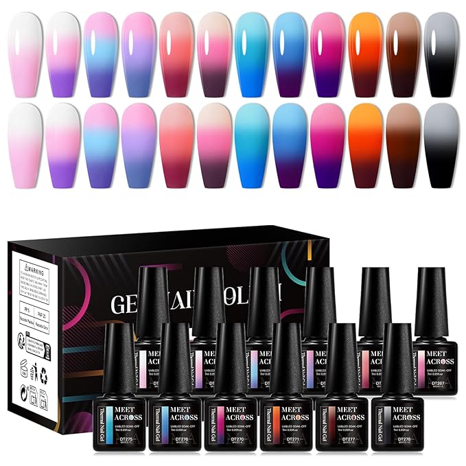 MEET ACROSS 12Pcs Color Changing Gel Nail Polish Set Nude Pink Sky Blue Brown Temperature Mood Changed Nail Polish Gel DIY Salon Gift for Women