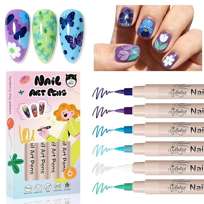 6 Colors Nail Art Pens Set - 3D Nail Polish Pens 0.7MM Acrylic Paint Pens Nail Markers for Nail Art Dotting Drawing Painting Liner Brush for DIY Home & Salon Halloween Decoration Beginners Gifts