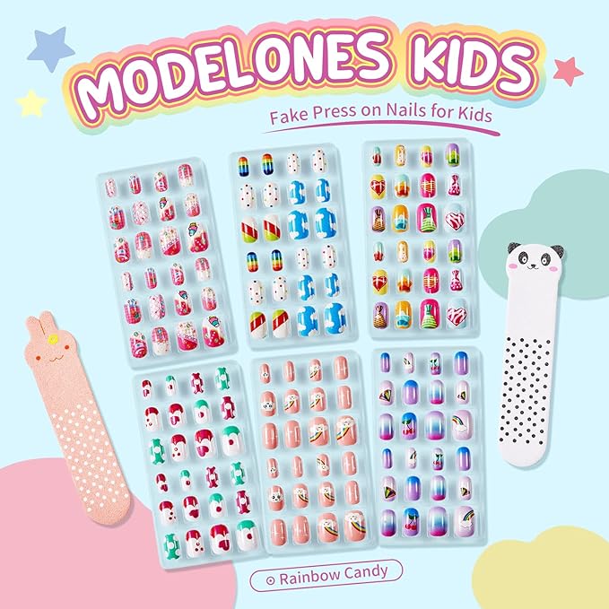 Modelones Press on Nails for Kids 144Pcs 6 Pack Children Acrylic Fake Nails Pre-glue Full Cover Glitter Gradient Color Rainbow Candy Short False Nail Kits Sets Thanksgiving Christmas Gifts for Girls
