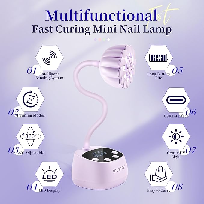 JODSONE Rechargeable Fast Curing U V Nail Lamp -Cordless Portable and Flexible Gooseneck for Gel Polish, Auto Sensor & 4 Timers Lavender Purple