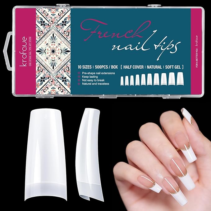 krofaue 500PCS False Nails Tips Lady French Style Acrylic Artificial Tip Manicure Half Cover with Box of 10 Sizes for Nail Tips Art Salons and Home DIY (White)