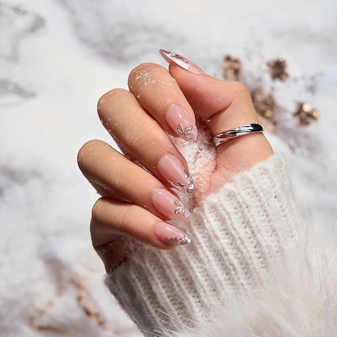 BTArtbox Press On Nails Short - Frost Glam, Lamp-Curable 3D Silver Flower Almond Press On Nails with Glue and Adhesive Tabs for Women in 16 Sizes - 32 Soft Gel Glue On Nails Kit