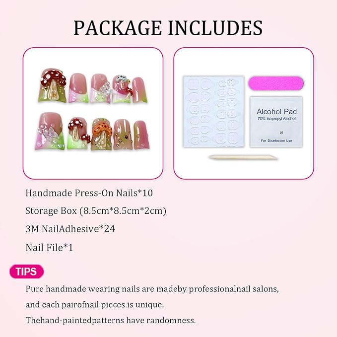 Duck Press on Nails Short Fake Nails Handmade Press on Nails Cute 3D Mushroom Butterfly Designs Thicked False Nails Green Pink Gradient Artificial Nails Pearl Stick on Nail for Women (S)