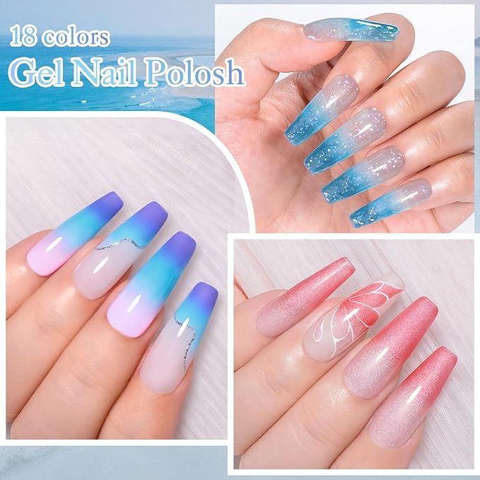 Color Changing Gel Nail Polish Set, 18 Colors Red Pink Glitter Blue Purple Mood Temperature Change Nail Polish Gel Set Soak Off Nail Art Gel DIY Salon Valentine's Day Manicure Gift