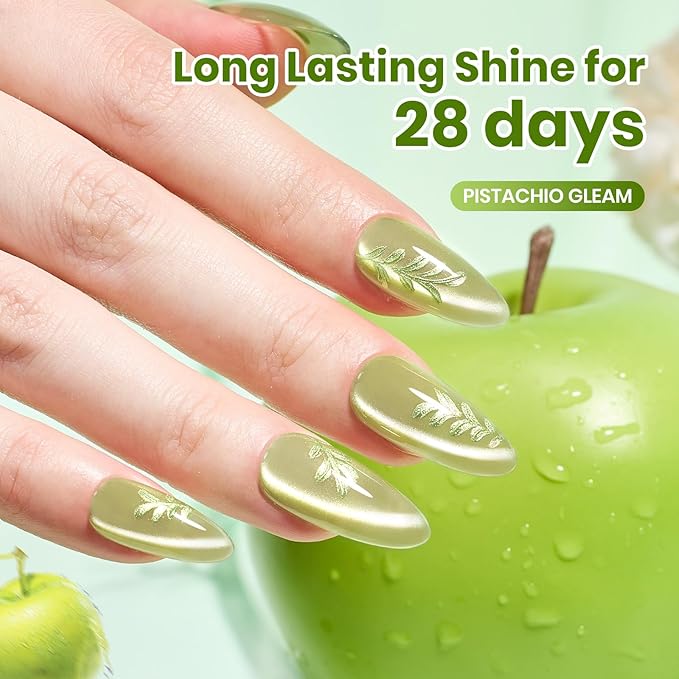 Beetles Taste of Spring Green Cat Eye Gel Nail Polish - 15ML Spring Gel Polish Sage Green Cat Eye Glitter Magnetic Translucent Glassy Effect Pistachio Gleam Soak Off UV DIY Stpatrick Gift for Women
