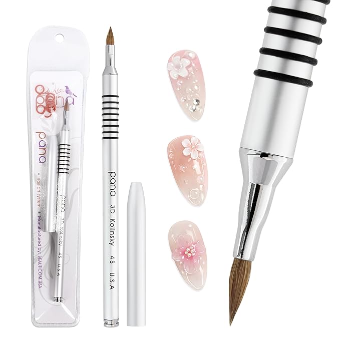 PANA 3D Kolinsky Nail Art Brush - Silver Non-Slip Handle, Size 4 - Acrylic Nail Art Sculpture Brush for Manicures Pedicure Salon Professional or Beginner