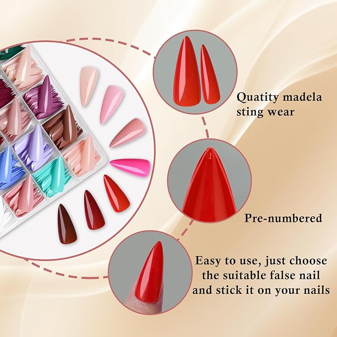 LoveOurHome 576pc Stiletto Press on Nails Long Fake Nails XL Stiletto Glue on Nails Full Cover Acrylic Nail Tips Pointy Nails Press ons Long Artificial Nail Women Girls Halloween Fake Fingernails