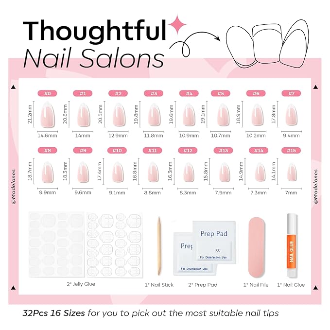 Modelones Chrome French Tip Press on Nails Almond, Short Almond Fake Nails, Nail Kit with Nail Glue Adhesive Tabs Mini Nail File, Nails Press Ons 32Pcs16 Sizes, Women Girl Gift