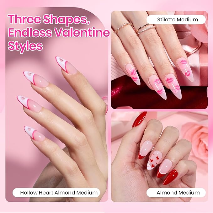 Beetles Tipex Lite Heart Cutout Nail Kit, Pre-Built Apex Almond & Stiletto Medium Nail Tips 192pcs, Gel Nail Starter Set with UV Lamp, Base & Top Coat, Glue Gel, 6 Colors for DIY Art