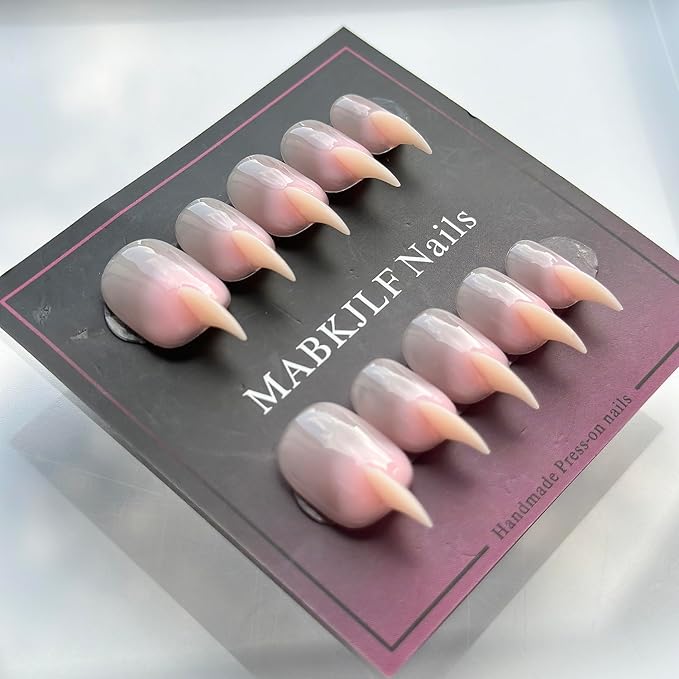 Halloween Press on Nails Luxury Short Stiletto Handmade Cat Claw Unique Reusable ABS Material Pink Fake Nails Eagle Claw False Nails Gradient Glossy Glue on Nail Curved Thick Acrylic Nail(M)