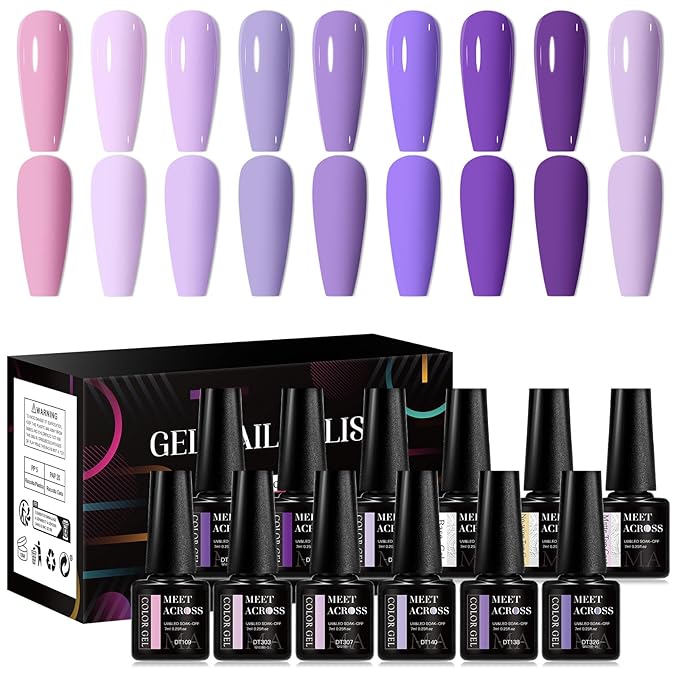 MEET ACROSS 12pcs Gel Nail Polish Set,Soak Off UV LED Lamp Gel Nail Polish Kit,Fashion Shimmer Nail Art Design Gifts for Women Manicure Salon (Purple)