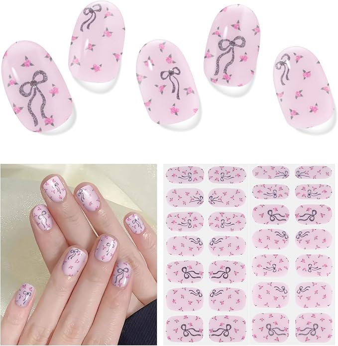 Semi Cured Gel Nail Strips,28 pcs Cute Bows Gel Nail Stickers with UV Light Required,Long Lasting Nail Art Stickers, Easy to Apply（Pink）