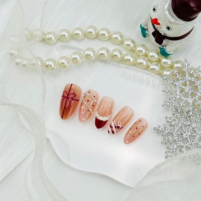 30pcs Christmas Press on Nails Medium Almond Fake Nails Valentine False Nails with 3d Pearl Rhinestones Designs Xmas Gift Full Cover Artificial Glue on Nails French Tip Acrylic Nail Supplies for Women