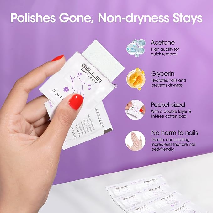 Gellen 100 Pack Gel Polish Remover and Nail Cleanser Pads, Acetone Nail Polish Remover Pads, Alcohol Wipes for Nails, Quick & Easy Removal, Individually Wrapped Travel Set for Perfect Nail Art