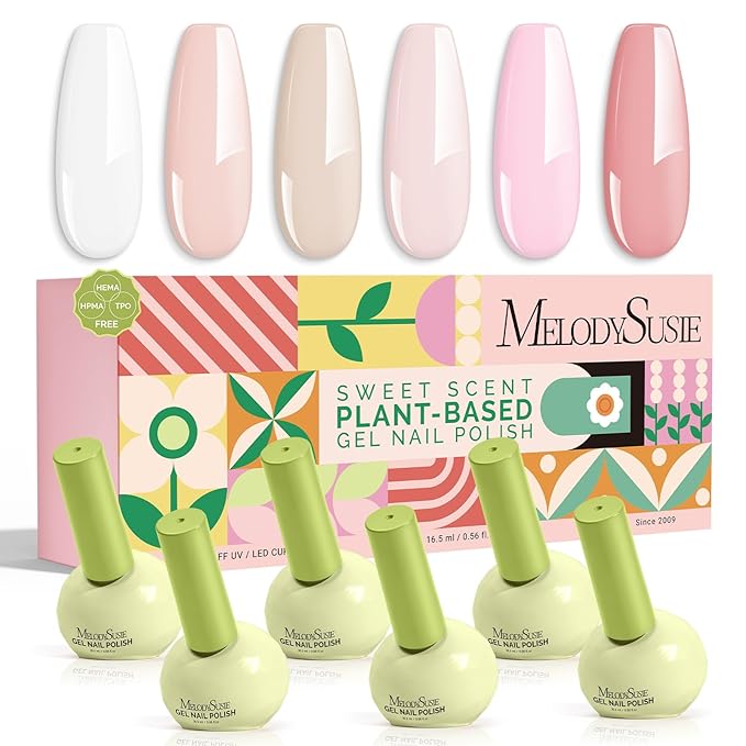 MelodySusie Highly Pigmented Valentine Gel Nail Polish Set, 0.56 fl.oz Tilt-and-Stand Bottle, HEMA Free Plant-Based Formula, 6 Colors Pink Nude, Soak Off UV LED Manicure Kit Gift Box(White Baby Pink)