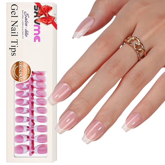 Gel French Tip Nails Short Coffin French Tip Press on Nails SXVME White French Nail Tips 300Pcs Pre-applied Tip Primer Natural Pink Fake Nails Extensions Gel Nail Kit for Women Girls DIY