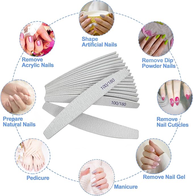 Nail Files (12 Pack), 100/180 Grit Wooden Emery Board Nail File Double Sided Wood Emory Fingernail Files for Natural Nails Professional Reusable Manicure Pedicure Curved