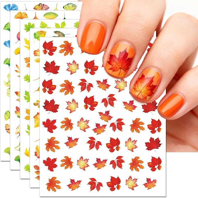 Fall Nail Art Stickers, Thanksgiving Day Laser Glitter Nail Decals, 3D Self-Adhesive Maple Ginkgo for DIY Nail Supplies Decoration(6 Sheets)