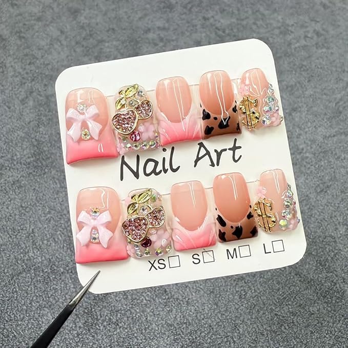 Handmade Press on Nails Short Fake Nails Duck False Nails 3D Cherry and Bow Pink French Tip Luxury Cute Artificial Nail for Women 10pcs (Size M）