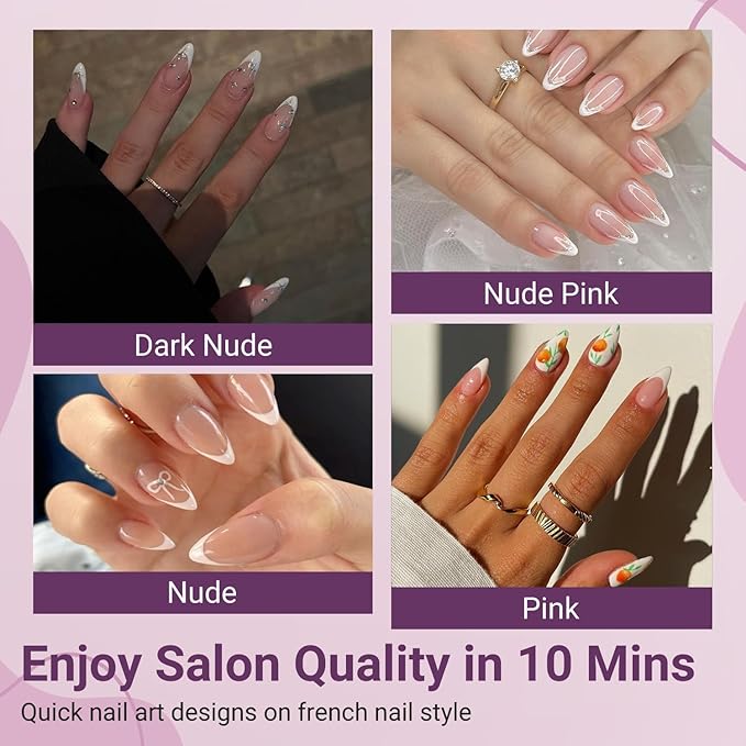 Gel French Tip Nails Short Almond French Tip Press on Nails SXVME White French Nail Tips 300Pcs Pre-applied Tip Primer Natural Brown Fake Nails Extensions Gel Nail Kit for Women Girls DIY