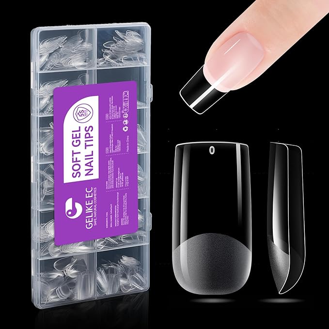 Gelike EC Soft Gel Full Cover Nail Tips Kit for Soak Off Nail Extensions, 552 Pcs Clear Medium Square Gelly Tips Pre-Buff PMMA False Press on Nail Tips, 12 Sizes