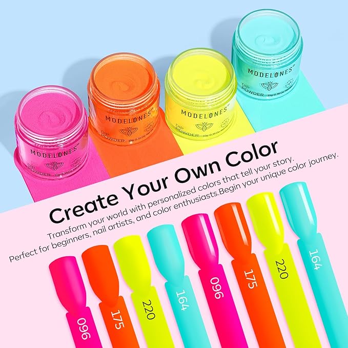 Modelones Dip Powder Nail Kit, 4 Colors Spring Summer Hot Pink Orange Yellow Blue Neon Dipping Starter Set with Liquid and Complete Accessories for French Nails Art Salon DIY at Home