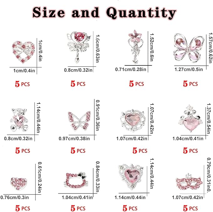 60 Pcs Heart Nail Charms, Rhinestone Pink Butterflies Nail Art Gems, Star Heart Butterfly Charms Decorations Sailor Moon Acrylic Nail Accessories for Women DIY Crafts 1