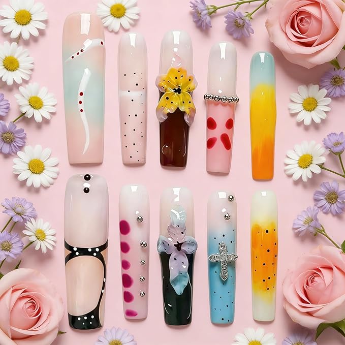 Luxury Handmade Press on Nails - Long Square French Tips Press on Nail with 3D Flowers & Rhinestones Cross Design，Multi-Layer Gel False Nails for Women (Ice Crystal Water Lily,M)