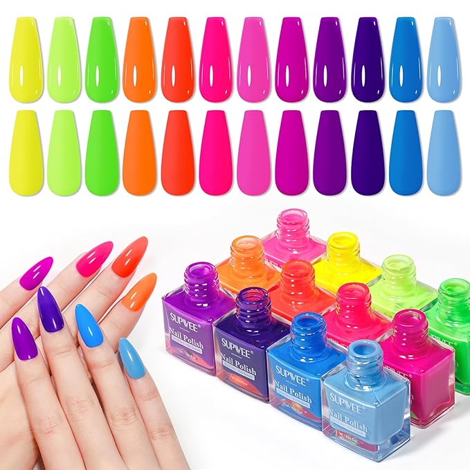 Bright Neon Nail Polish Set, Summer Rainbow Quick Dry Regular Bulk Nail polish Non Gel, Air Fast Drying Fingernail Lacquer for Women Girls Manicure Salon DIY Home