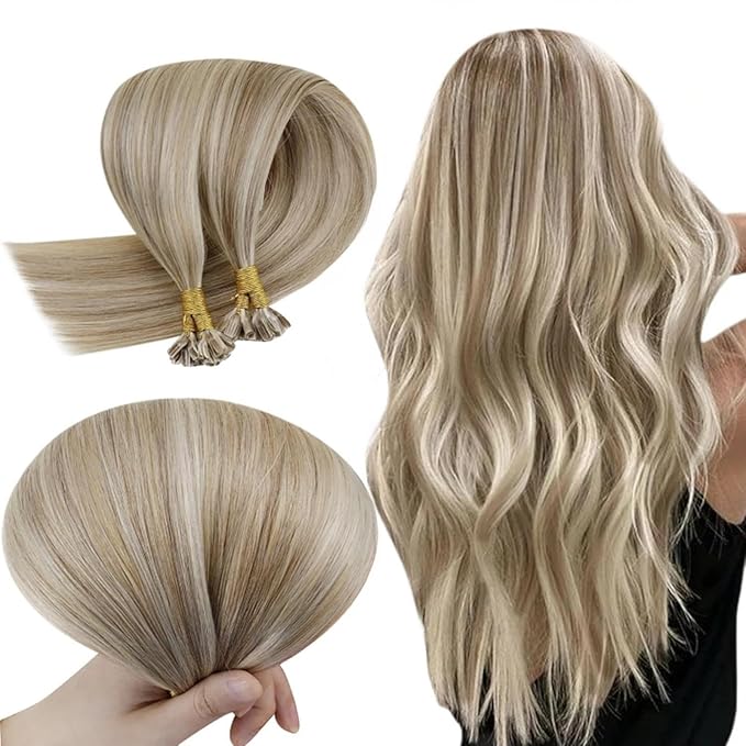 RUNATURE U Tip Hair Extensions Human Hair 16 Inch U Tip Keratin Hair Extensions Highlight Brown with Blonde for Women Nail Tip Hair Extensions Human Hair Straight 40g 50 Strands
