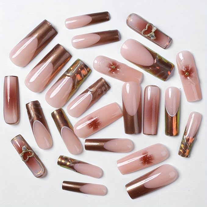 Long Square Press on Nails Fake Nails Artificial Nail Stick on Nail for Women Luxury 3D Gold Heart with Diamond & Brown Floral Nail Art on Metallic Brown Gold Ombre