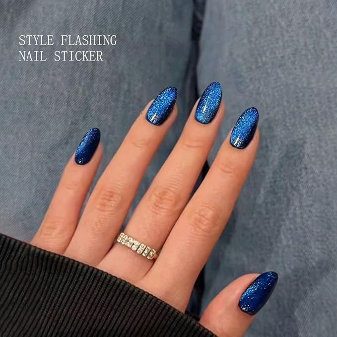 JMEOWIO Gel Nail Stickers Dark Blue Cat Eye Semi Cured Gel Nail Strips Wraps UV/LED Nails Art Design Decoration Accessories
