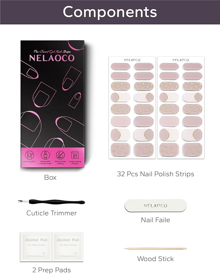 Nail Polish Strips – 32PCS UV Free Salon Quality Wraps, Long Lasting Gel Nail Stickers for Women (Skin Bloom Nude)