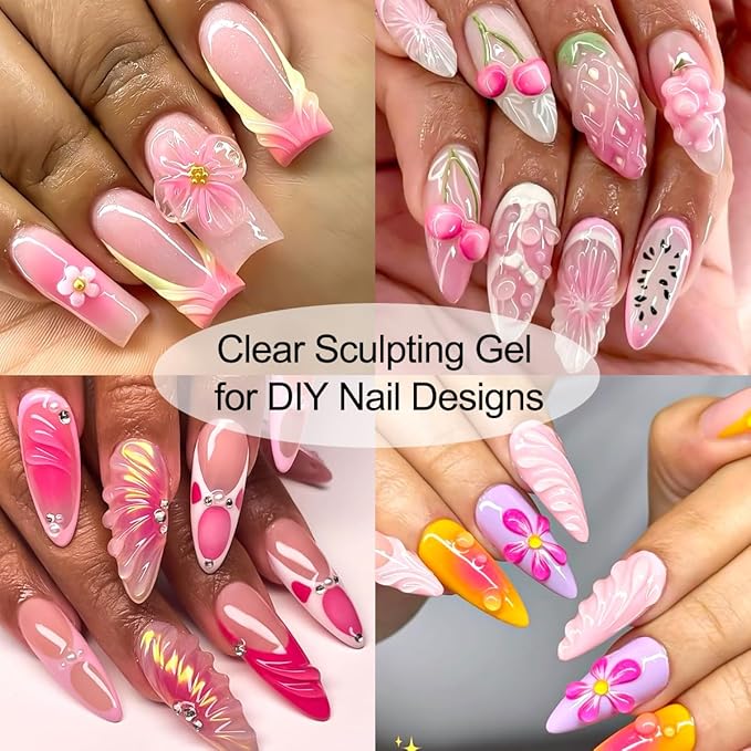 Solid Builder Nail Gel, Clear Sculpting Gel for Nail Art, Non-Sticky 3D Carving Modeling Hard Gels with Gold & Silver Chrome Nail Powder for DIY Salon Manicure at Home