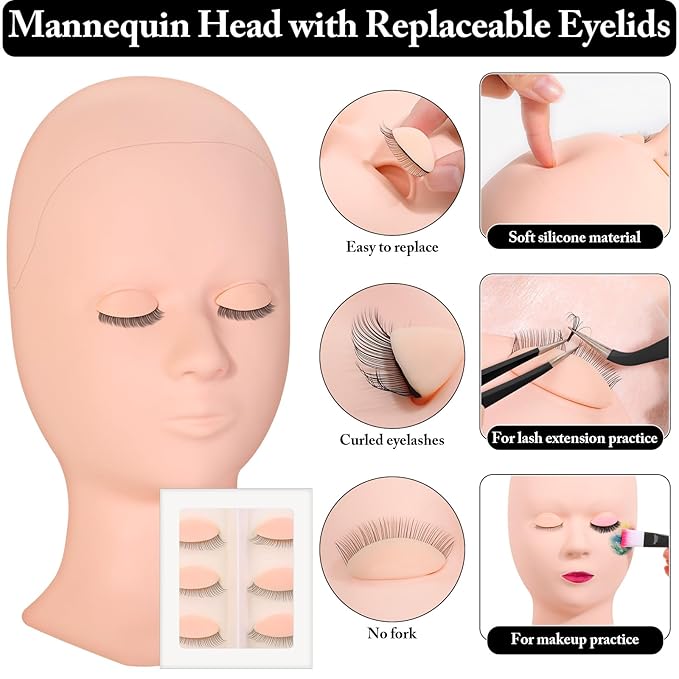 Eyelash Extension Kit for Beginners, 345 PCS Practice Supplies: Mannequin Head with Removable Eyelids, Extension Glue, Remover, Individual Lashes, Tool Kit with Everything