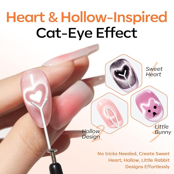 modelones Cat Eye Magnet for Nails, CatEye Magnet Tools Heart&Hole Square Powerful 3-in-1 Magnetic Pen Double Head Lollipop Magnet for Gel Polish Heart French Moon Floral Effect Valentine's 10PCS