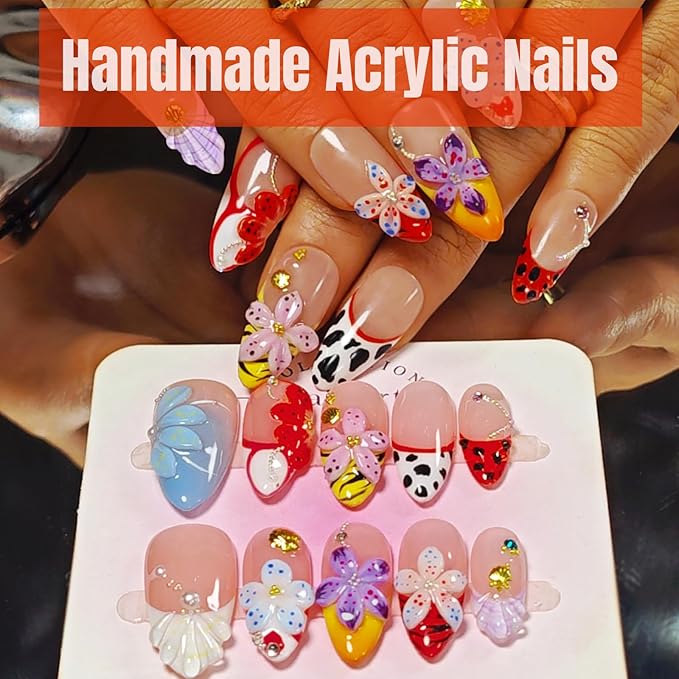 Handmade Acrylic Press On Nails Almond, 3D Press On Nails Medium, Flower 3D Red Nails French Tip Preal Shell Leopard For Women Gift, Reusable Stick On Fake Nails Kit With Nail Glue(Lush Garden-S)