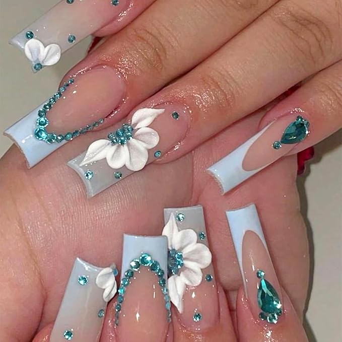 HNUIX Nail Rhinestones - 3D Multi Shape Size Crystal, Aquamarine Nail Gems, Flat Back, with Kit, for Nail Art, DIY Decorations