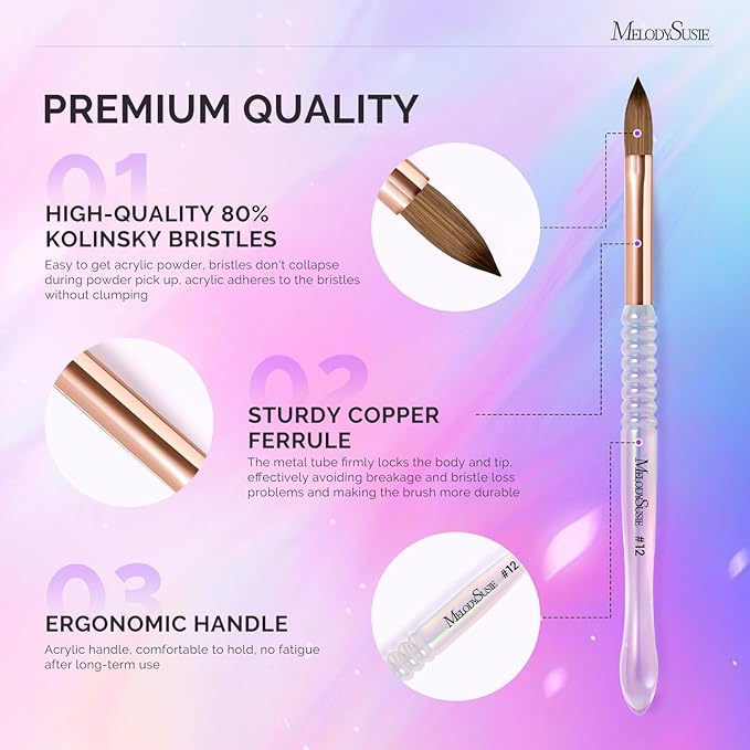 MelodySusie Kolinsky Acrylic Nail Brush, 80% Pure Kolinsky Hair, Professional Nail Brush for Acrylic Powder Nail Extension and 3D Nail Carving, Nail Art Tools for DIY Home Salon, Size 12
