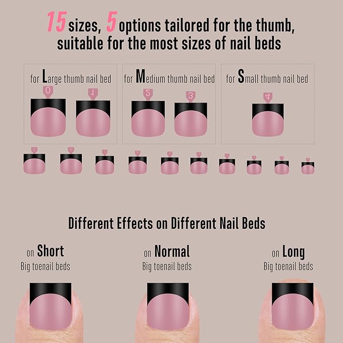 Toe Nail Tips Press on Black French Tip, BERRY PINK, Long/Medium Wide Fake Toenails, Full Cover Sharp Square Pre-Designed Soft Gel False Toenail Acrylic Extension for DIY 15 Sizes 240 pcs