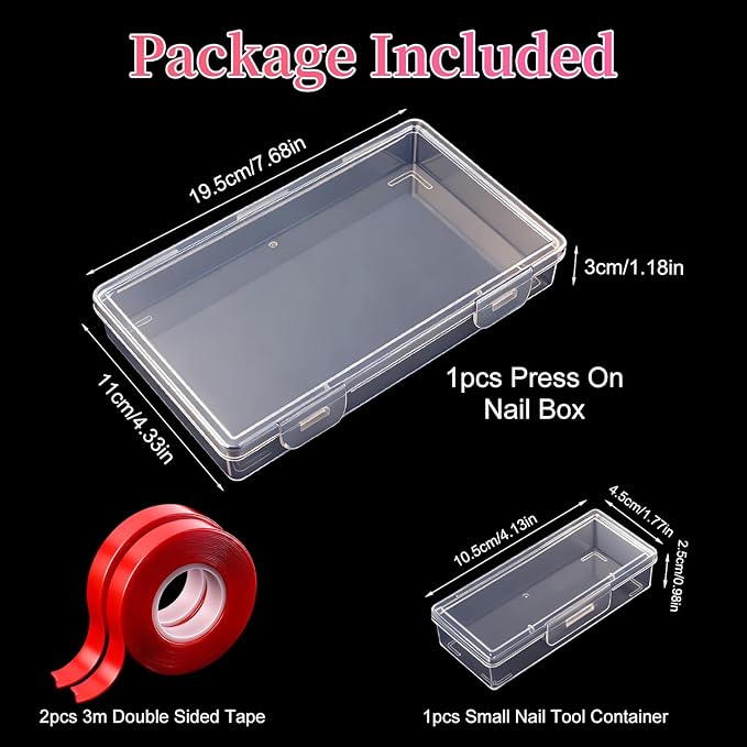 BQAN Press on Nails Storage Box，Clear Press on Nails Packaging Set with 2pcs Double-sided Adhesive Tape and Small Nail Tool Container, Nail Organizer & Display Storage Box