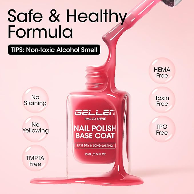 GELLEN 4‑in‑1 Clear Nail Polish Base Coat Sheer Tinted Red, Ridge Filler, Nail Strengthener & Concealer, Calcium Formula Strengthen Nails, Natural Color Enhance Natural Look, HEMA Free, Anti Yellow