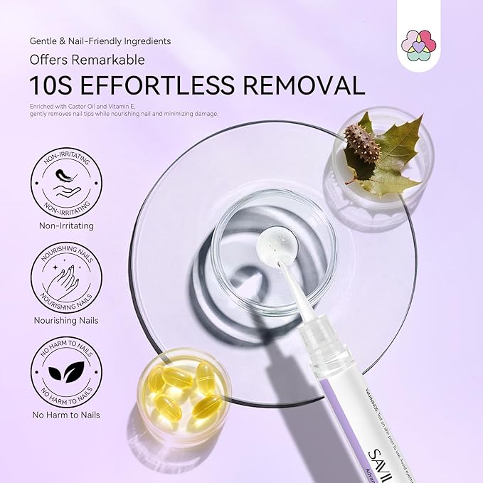 SAVILAND Solid Nail Glue Remover Pen: 10s Quick Removal Nail Glue Remover for Press on Nails with Vitamin E Castor Oil 2 Pcs Acetone-free Alcohol Free Click & Remove for Fake Nails Tips