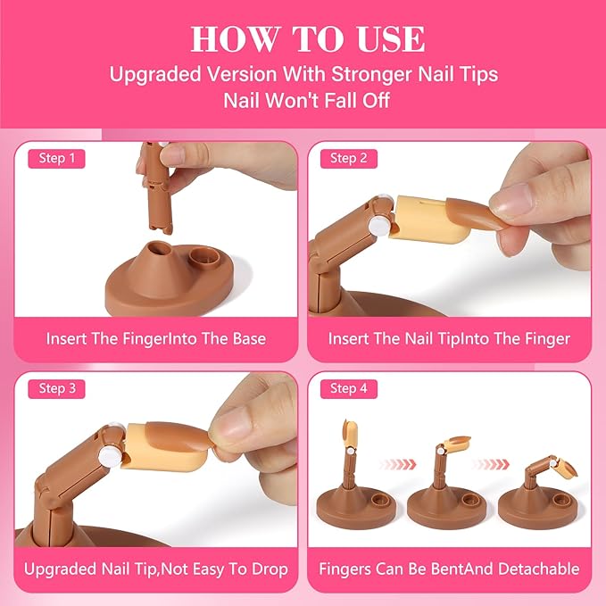 Practice Fingers Hand Acrylic Nails: 3PCS Fake Fingers to Practice Fake Nails - Manicure Acrylic Nail Hands Training Set with Base and 100PCS Brown Nail Tips for Nail Supplies