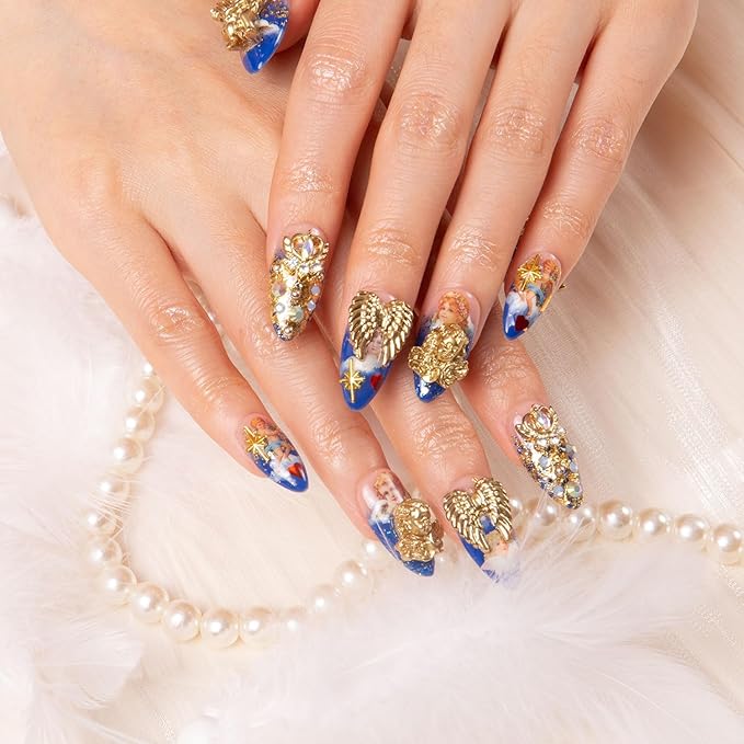LOVFUL Press on Nails The Palace of Murals Blue French Tip | Handmade with Full Covered Crystals | Reusable Fake Nails | Almond Regular 1.0 in | H174-S