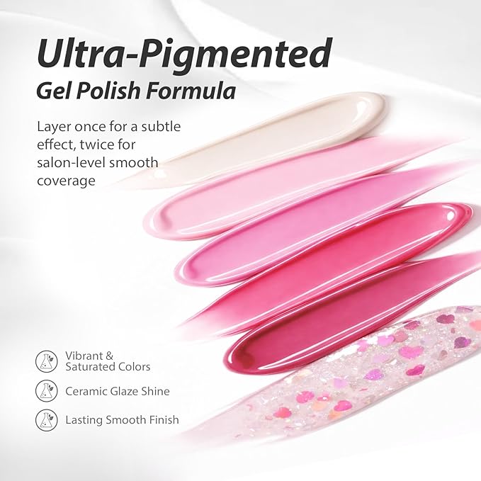 Makartt Pink Gel Nail Polish Set 15ml One N'Done 6 Colors Pink Gel Polish Kit High-Gloss Love-Heart Glitter White Rose Red, Salon-Grade UV Nail Art Manicure DIY Salon Home - Little Love Notes