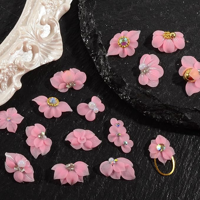 30PCS 3D Handmade Flower Nail Art Charms Advanced Handcrafted Cherry Blossom Flower Colorful Sculpted Floral Nails with Rhinestone Caviar Beads Design for Women Profession Nail Art Craft Jewelry