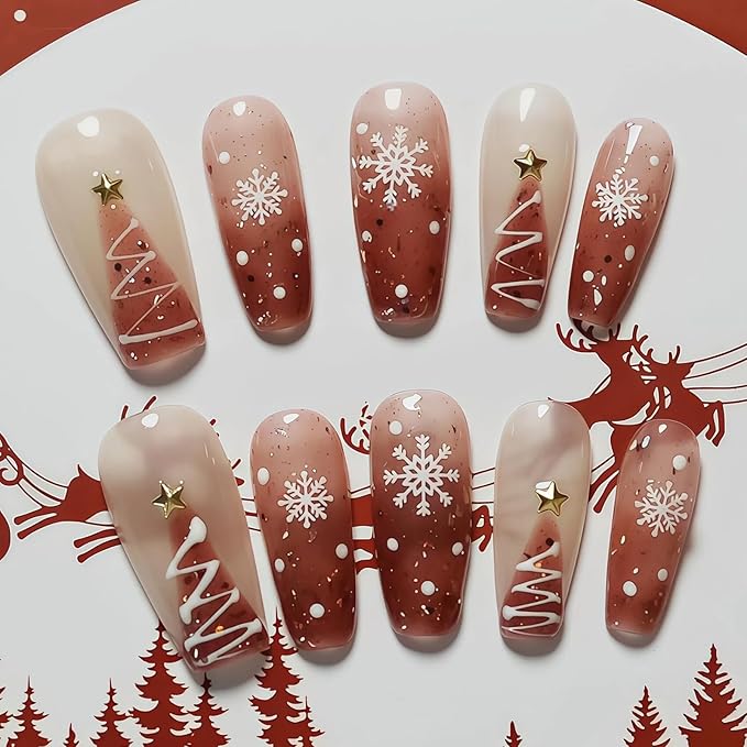 Glitter Press on Nails Short Coffin - Sweet Pink Red Gradient Handmade Nails Xmas Tree & Snowflake Pearl Star Design, Glossy Full Cover False Nails for New Year Nails Art (Festive Dream,M)