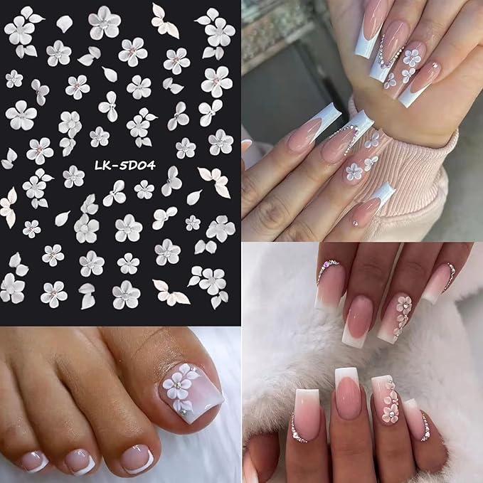 6 Sheets Flower Nail Stickers for Nail Art 5D Embossed Engraved Nails Decals 3D Spring Nails Supplies Accessories Self-Adhesive DIY Design Decoration for Women and Girls